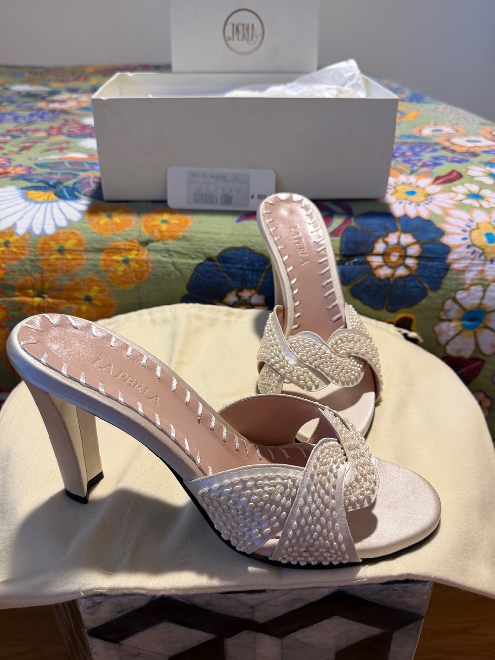 Vintage La Perla Ivory Pearl-Embellished Slide Heels - Picture 6 of 15